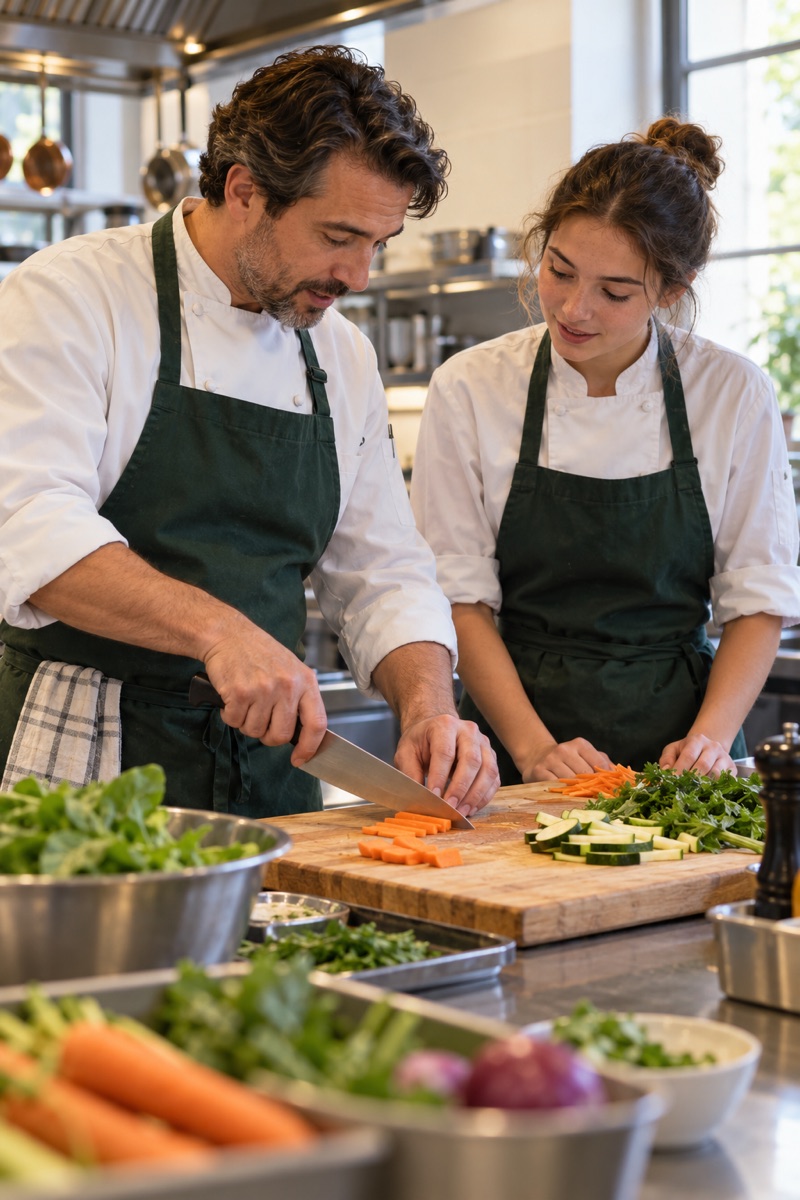 An experienced chef mentoring a hospitality student in a restaurant kitchen