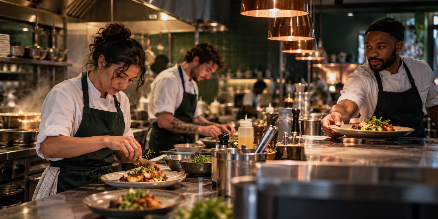 Restaurant kitchen staff working together during service